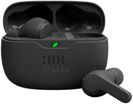 Wireless earbud case open with earbuds inside, featuring JBL branding.