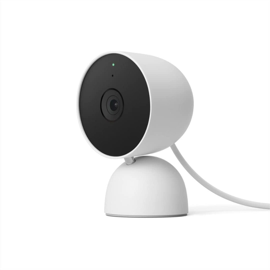 A Google Nest Cam (2nd Gen, Battery) designed for AI detection, featuring a round black camera lens and a sleek white base.