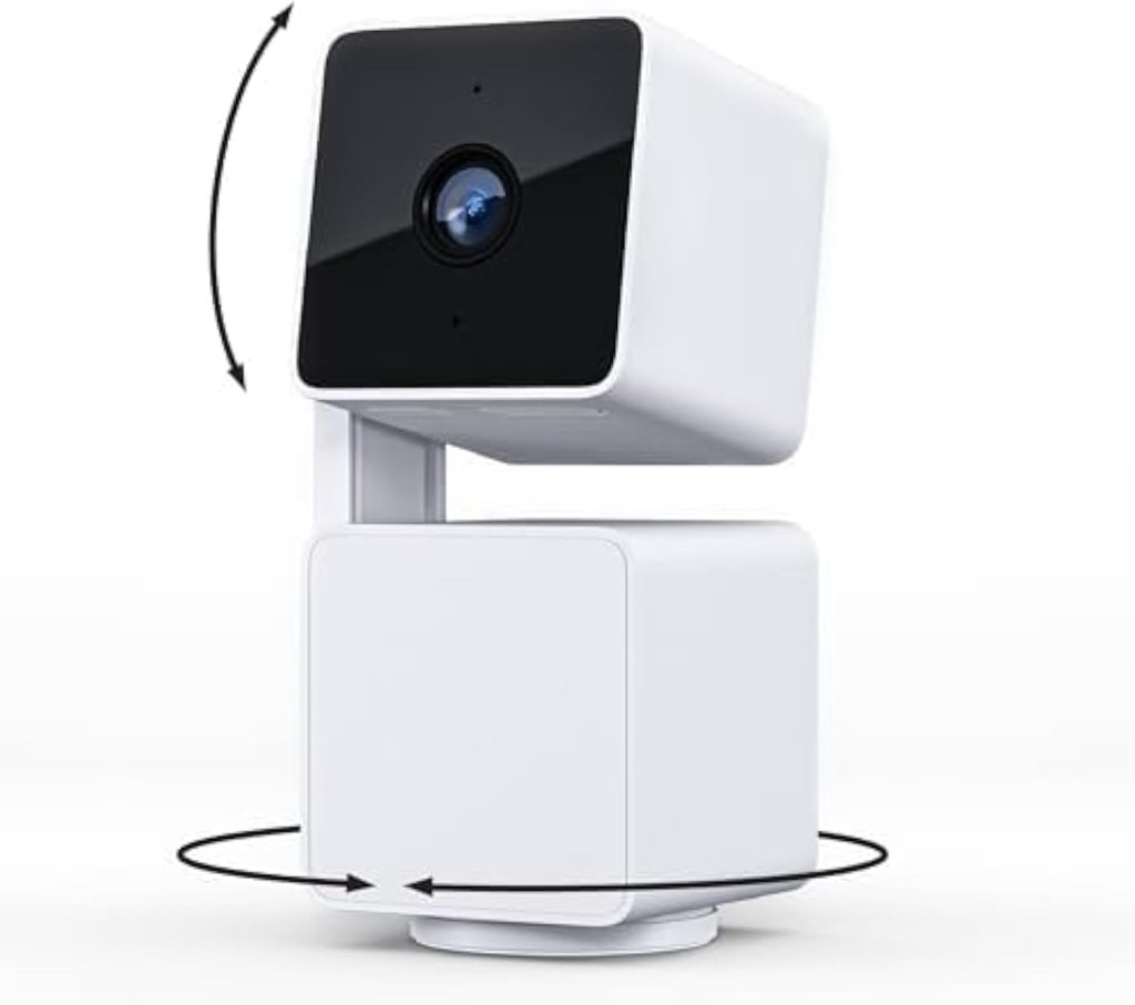 Wyze Cam v3 security camera with rotating base and black lens, designed for indoor monitoring.