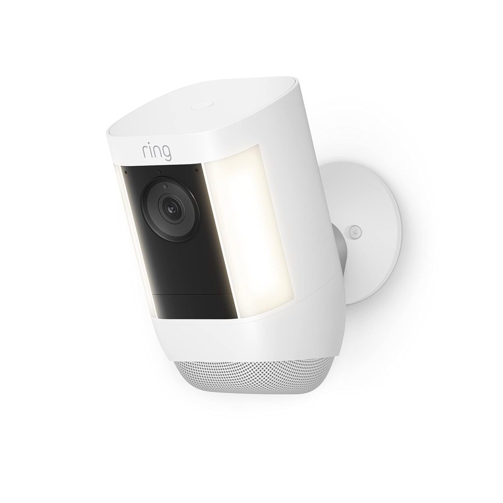 Ring Spotlight Cam Pro security camera with integrated spotlight and speaker, designed for enhanced outdoor monitoring.