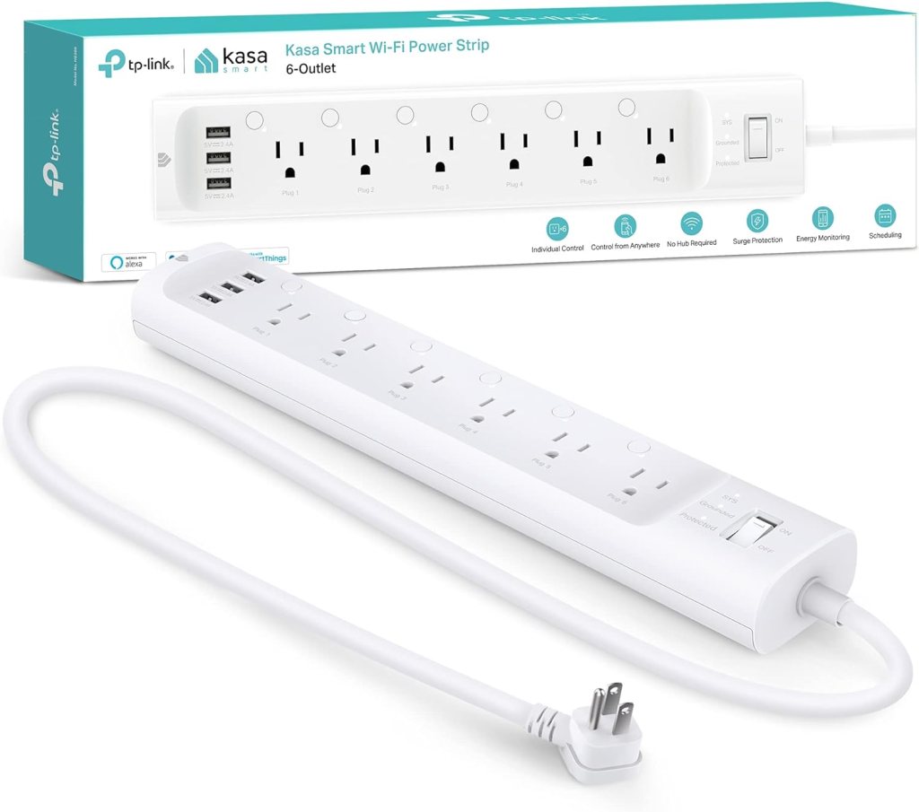 Kasa Smart Wi-Fi Power Strip with six outlets and USB ports, featuring an individual control switch and surge protection.