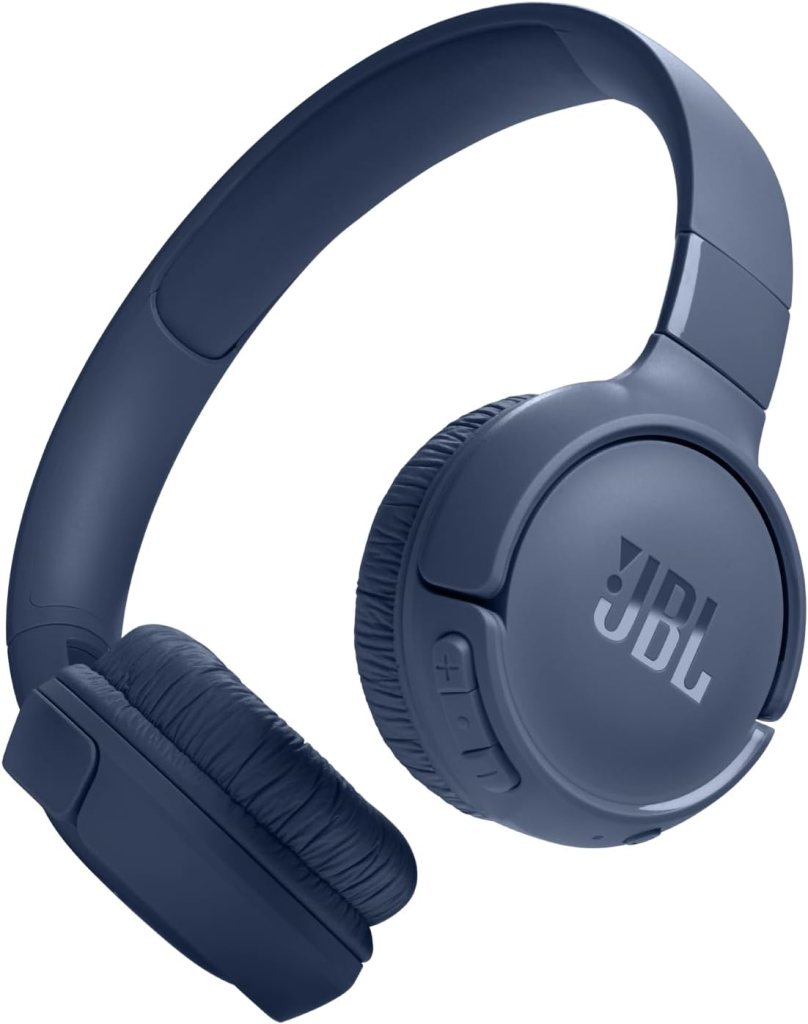 JBL Tune 520BT Wireless Headphones in navy blue with cushioned ear cups and control buttons visible.