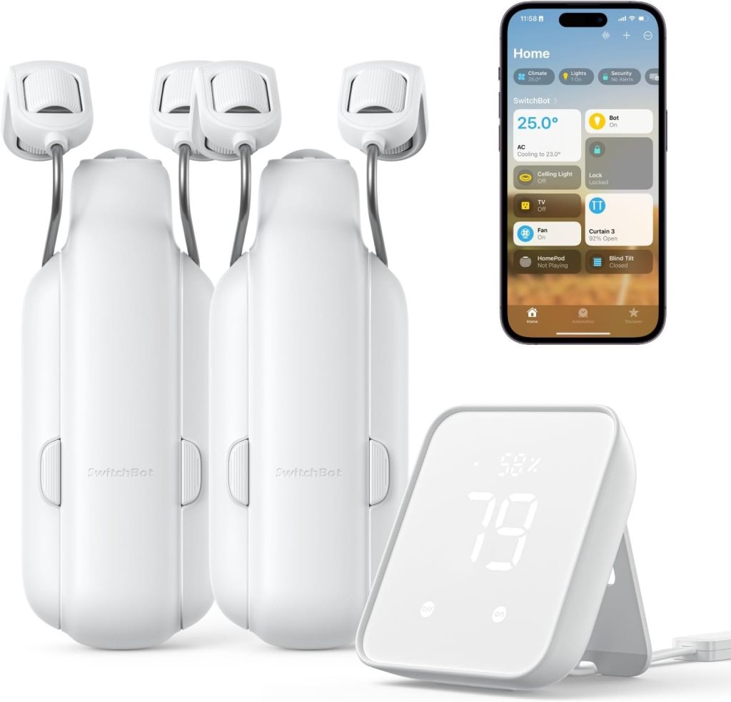 Smart home automation devices including SwitchBot Curtain Rod 2, Hub 2, and a smartphone displaying an interface for controlling home settings.