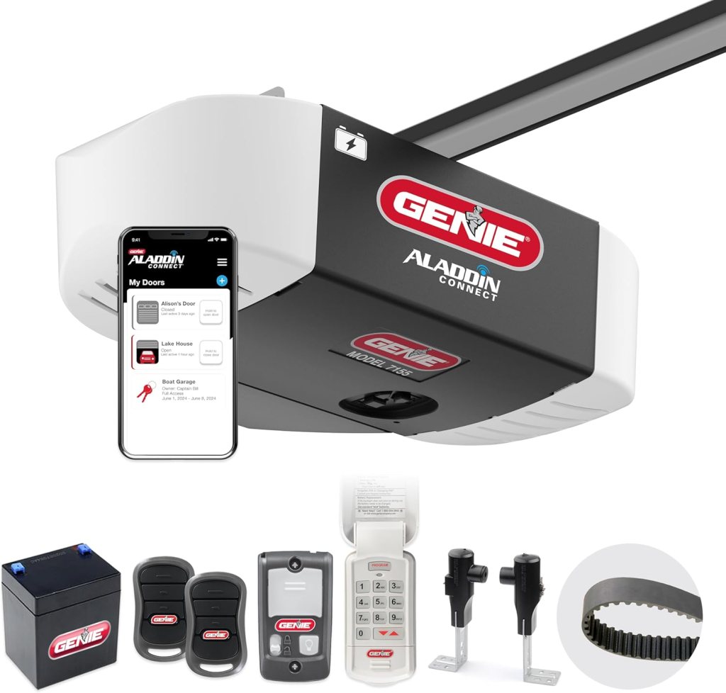 Genie Aladdin Connect smart garage door opener with a mobile app interface, control remote, battery backup, and accessories laid out for display.