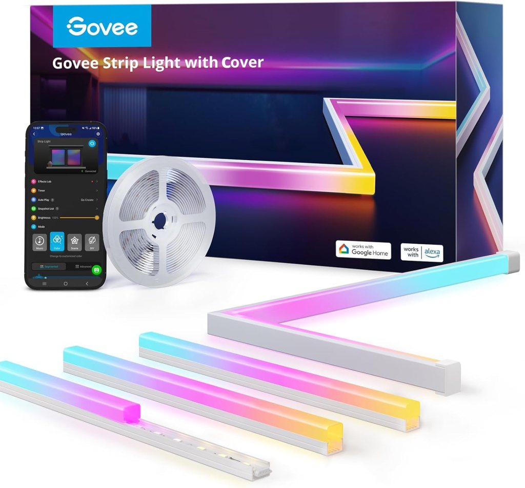 Govee strip light kit with colored LED strips, wireless remote, and packaging displayed.