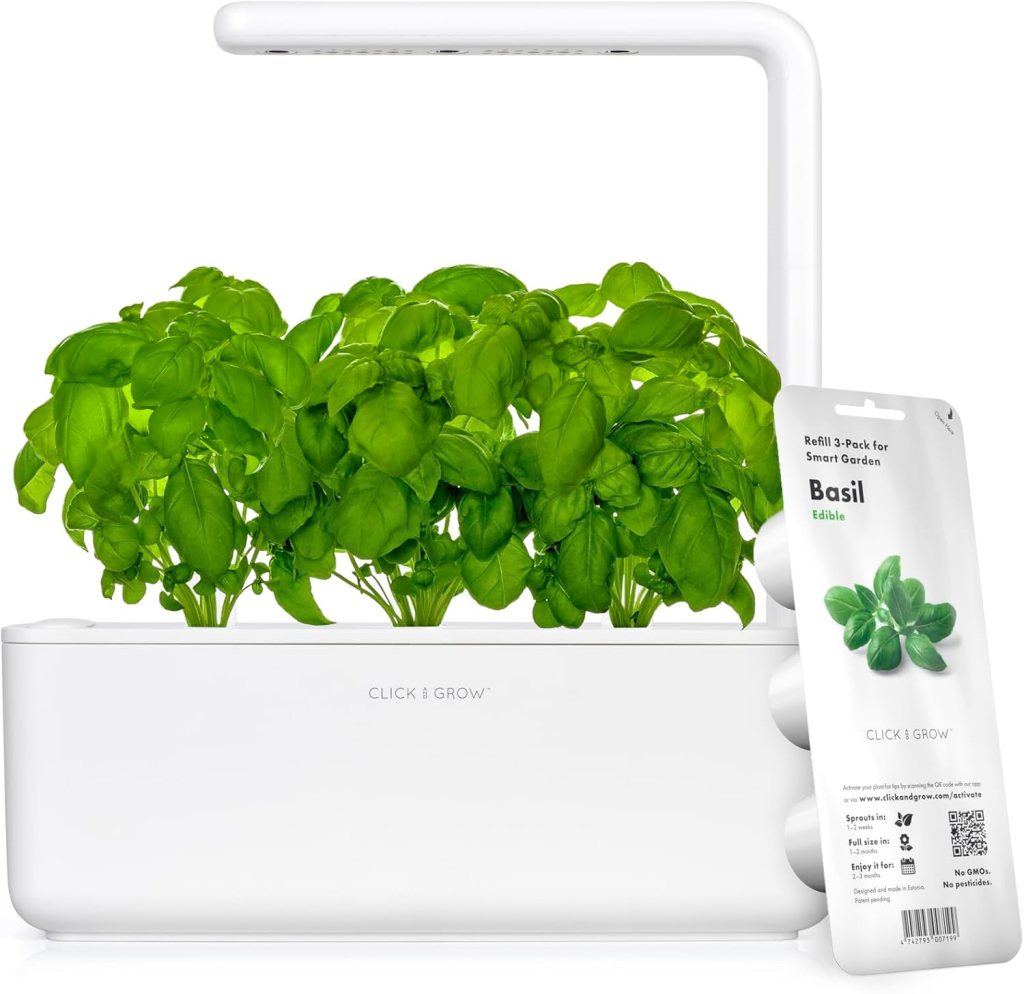 A smart herb garden with lush green basil plants growing under a bright light, accompanied by a packaging for basil seeds.