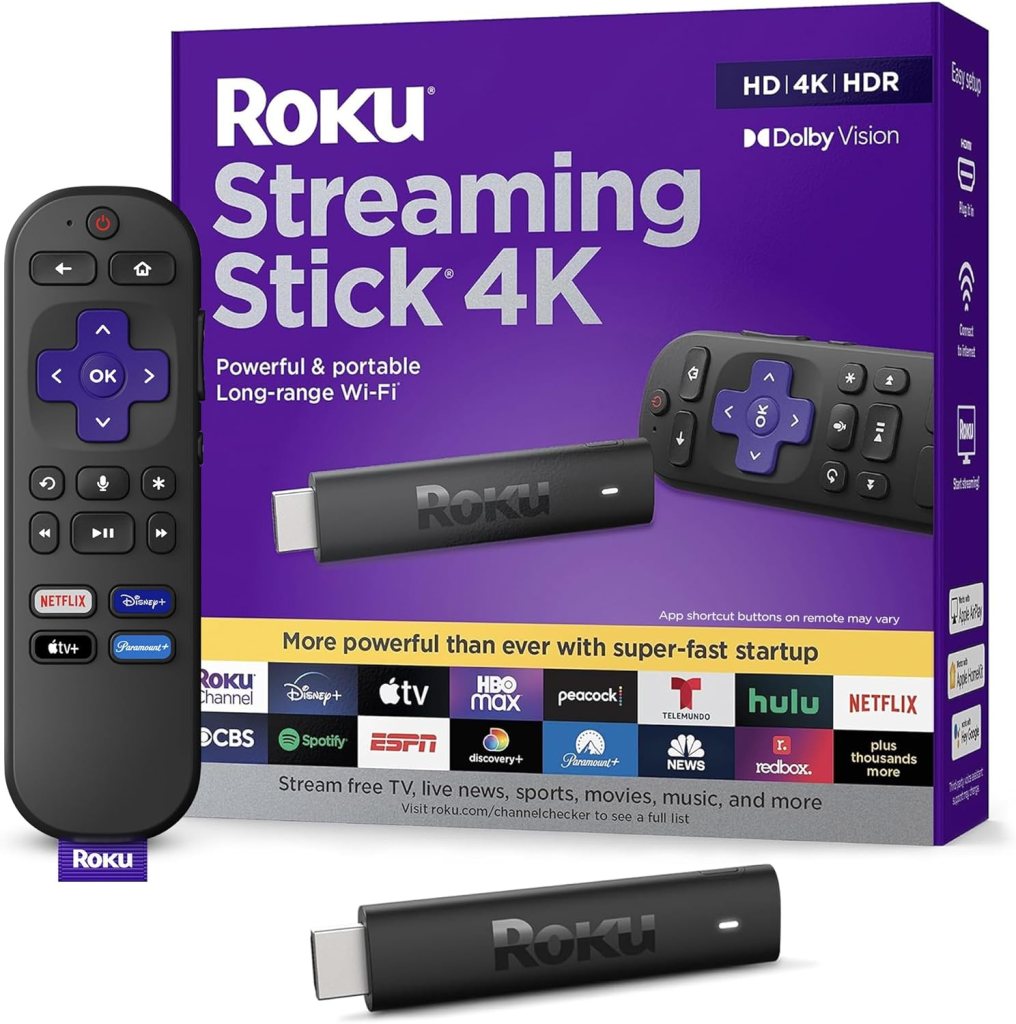 A Roku Streaming Stick 4K package featuring a black streaming stick, a remote control with various app shortcut buttons, and a colorful box design highlighting streaming features.