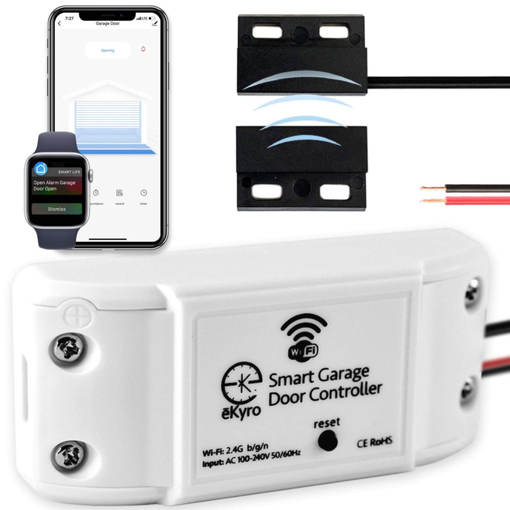 Smart garage door controller by eKyro with a smartphone app interface and two sensor components.