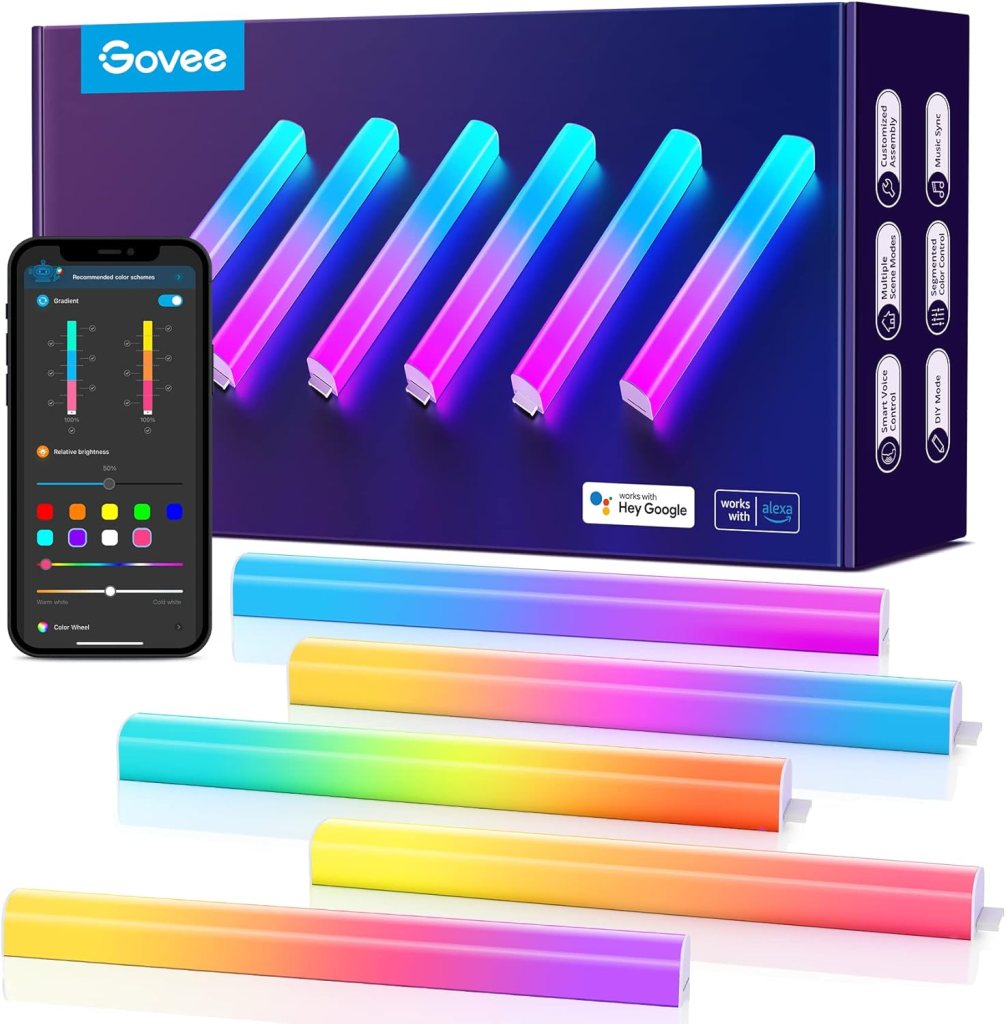 Govee Glide Y-Lights product display showing multiple smart lighting strips in various colors alongside a smartphone app interface for controlling the lights.
