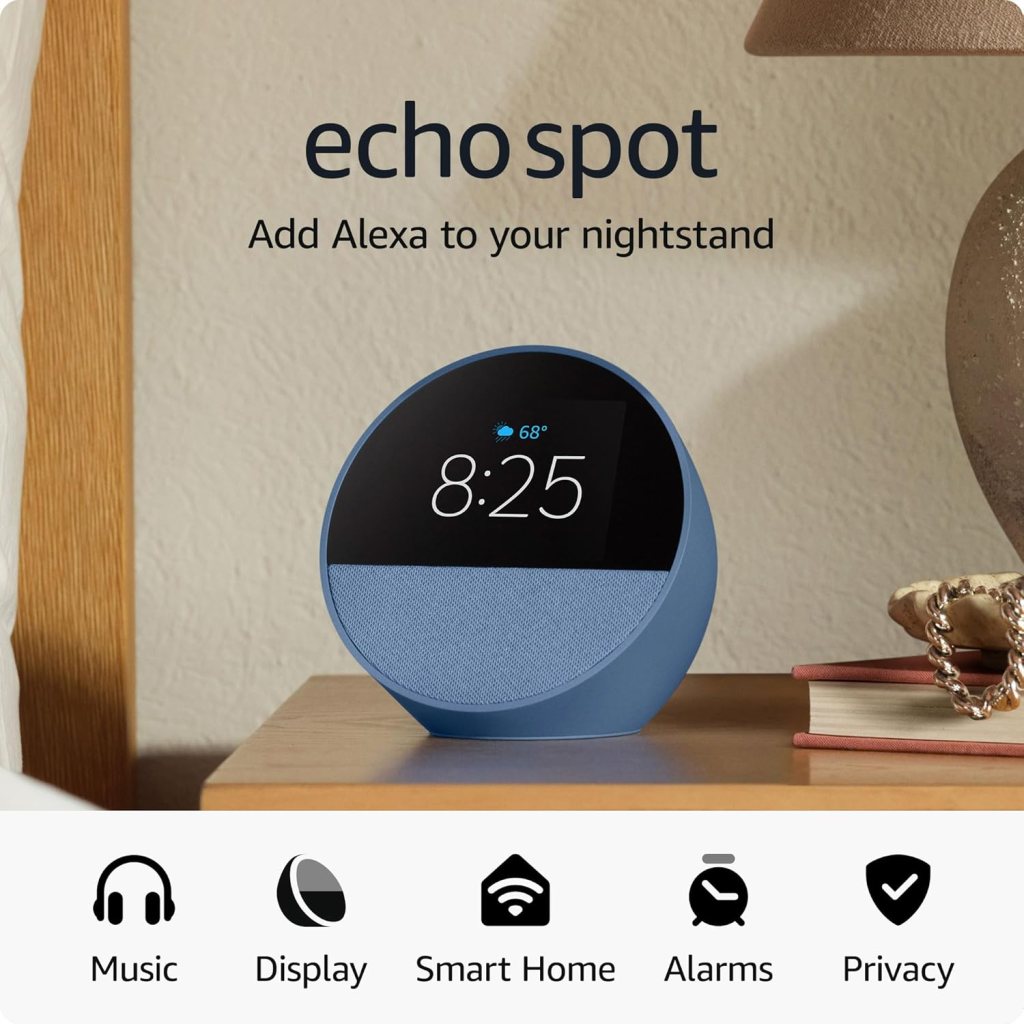 Amazon Echo Spot (2nd Gen) displayed on a nightstand with a blue design, showing the time '8:25' and temperature '68°F'.