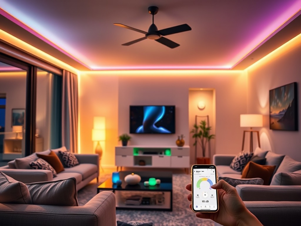 A modern living room with colorful LED lighting from one of the best smart ambient lighting kits 2025, a ceiling fan, and a wall-mounted TV. A person uses a smartphone app to control the lights. The space features sofas, lamps, and decorative art.