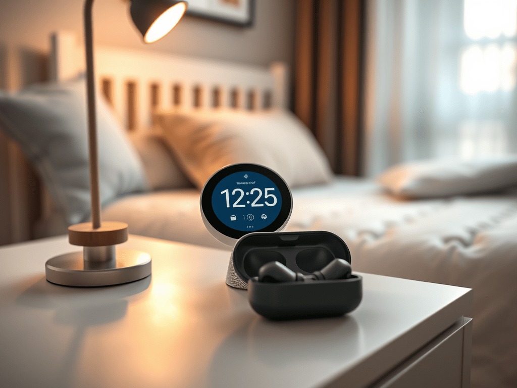 A smart clock displaying 12:25 and a charging case with wireless earbuds sit on a white bedside table next to a lamp—perfect additions for the Best Tech Gifts for New Dads, with a neatly made bed in the background.