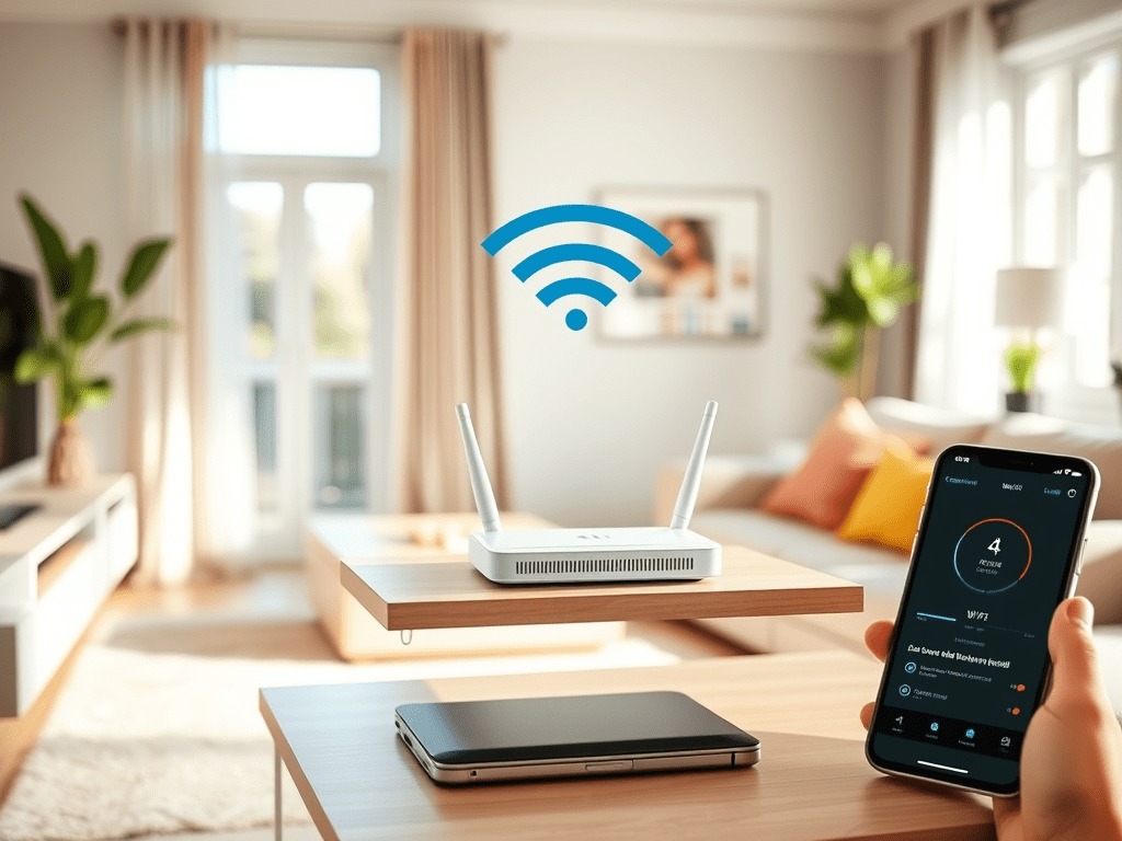 A person holds a smartphone showing Wi-Fi settings near a wireless router on a table in a bright living room, ready to boost home Wi-Fi 2025 speeds, with a laptop and a large Wi-Fi symbol above the router.