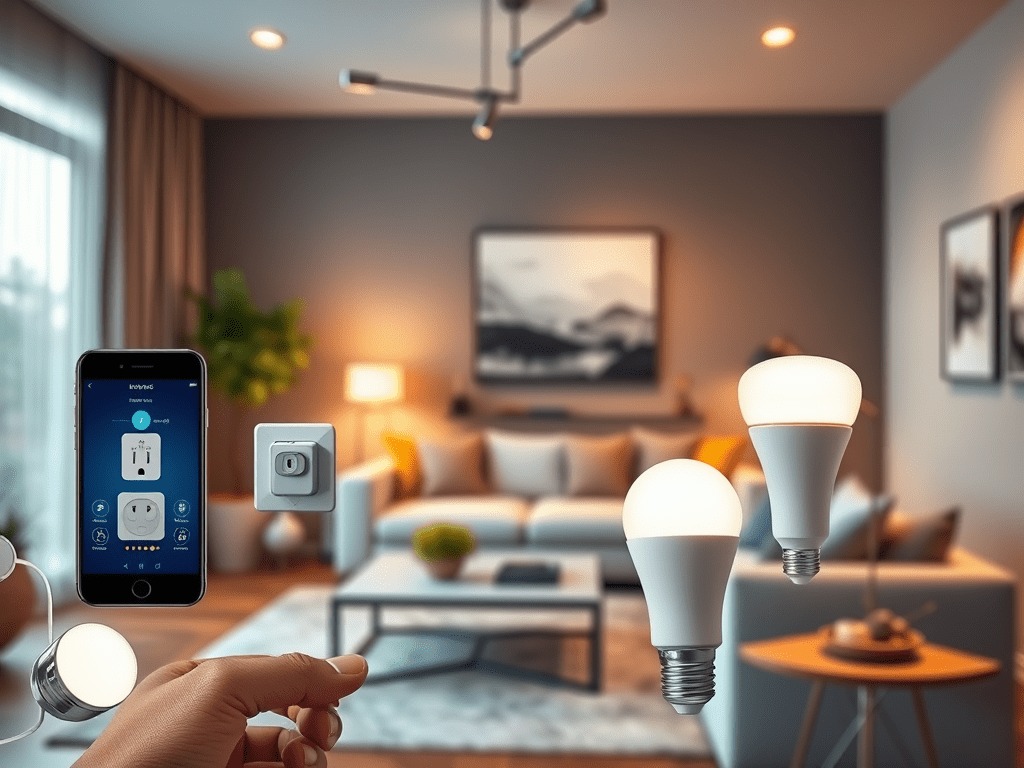 A hand holds a smartphone with a smart home without a hub 2025 app open, surrounded by floating smart plugs and light bulbs, in a modern living room bathed in warm lighting and featuring contemporary decor.