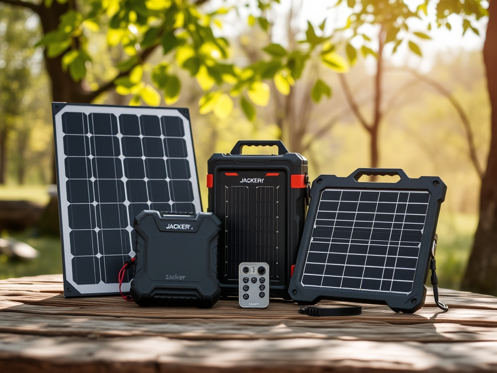 A variety of portable solar panels and power stations, featuring the best solar gadgets for off-grid camping 2025, are arranged on a wooden table outdoors, with sunlight filtering through green trees in the background.