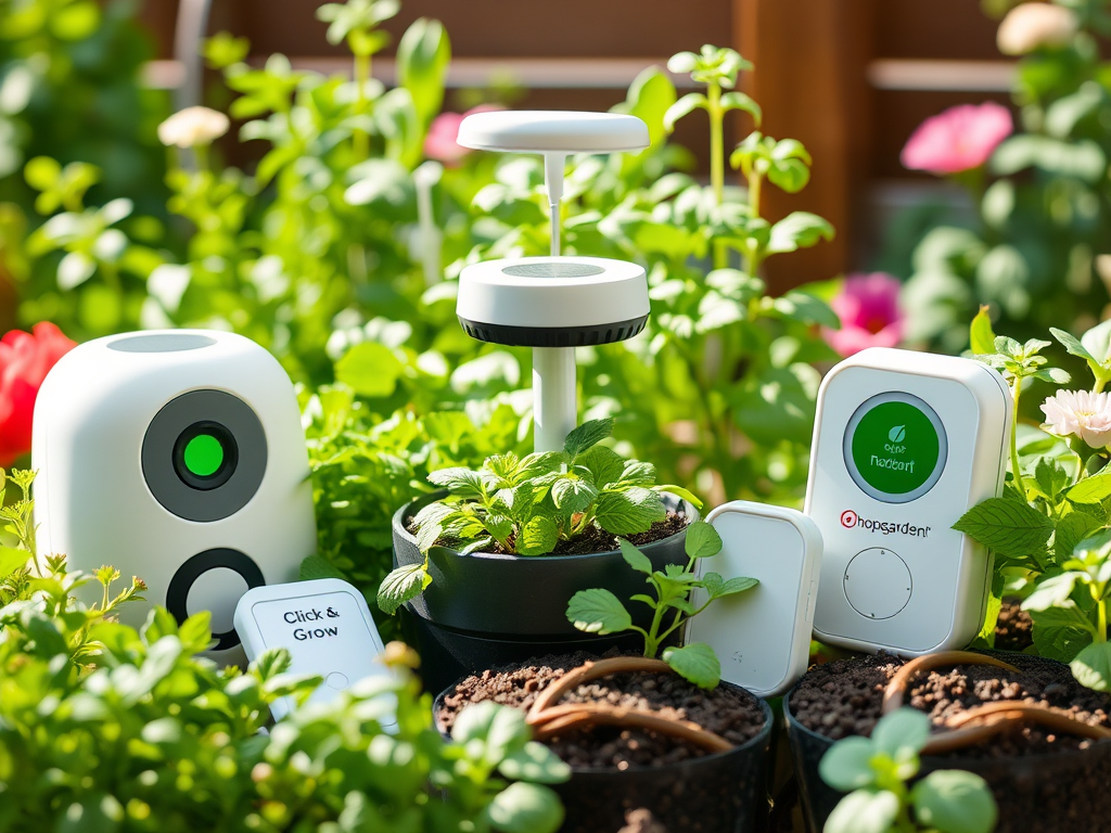 Smart garden gadgets under $100 and sensors are displayed among potted plants and flowers in a garden, with devices labeled “Click & Grow” and “Prosperden,” signifying technology-assisted plant care.
