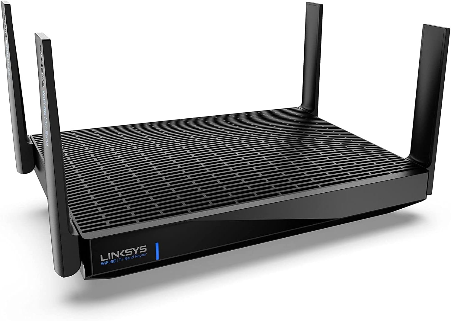 A black Linksys Wi-Fi 6 router with four upright external antennas, a mesh-like top surface, and LED indicator lights on the front left corner.