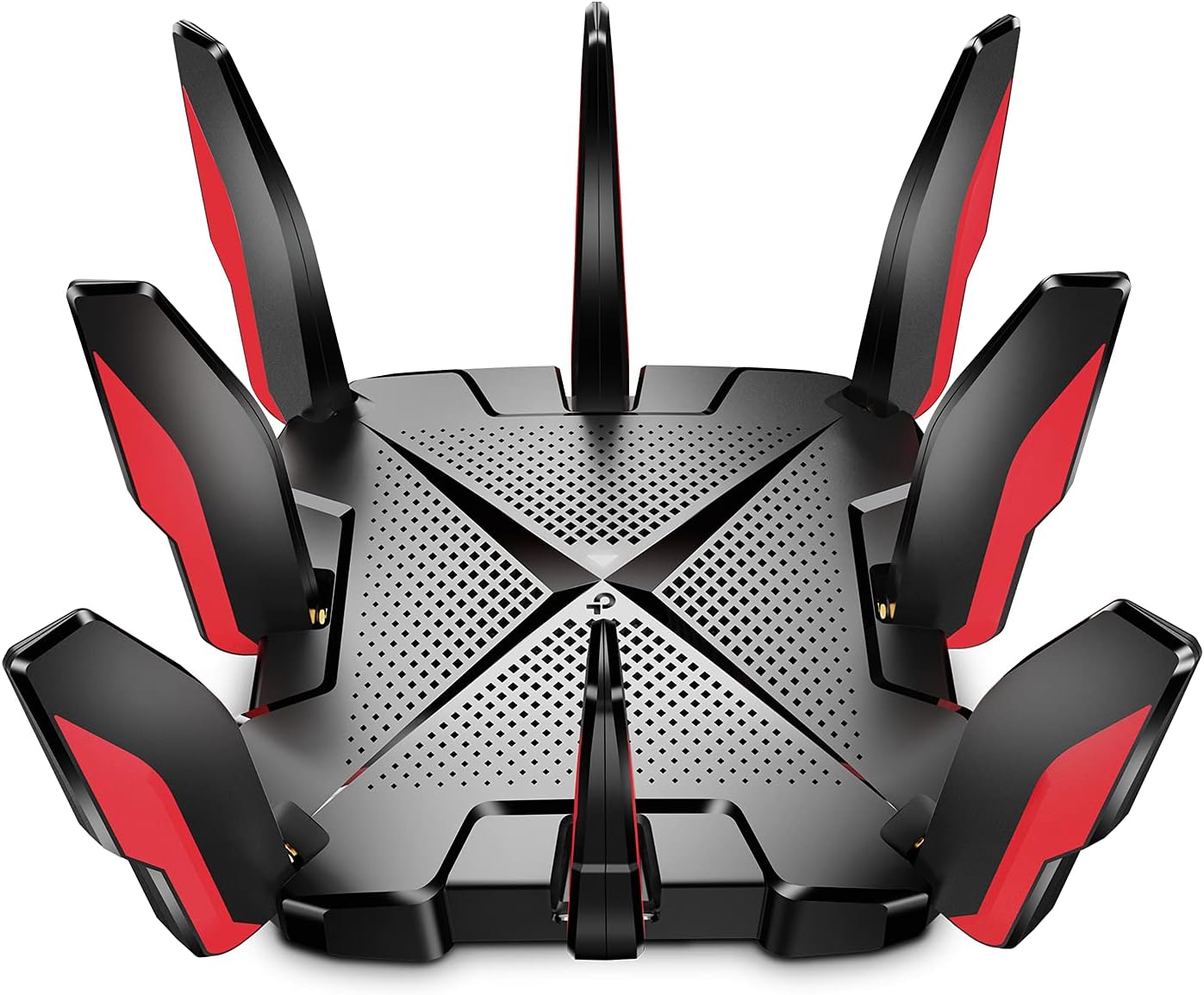 A black and red Wi-Fi router with eight large external antennas arranged around its sides, resembling a futuristic or robotic device. The device has a vented top with a central X-shaped design.