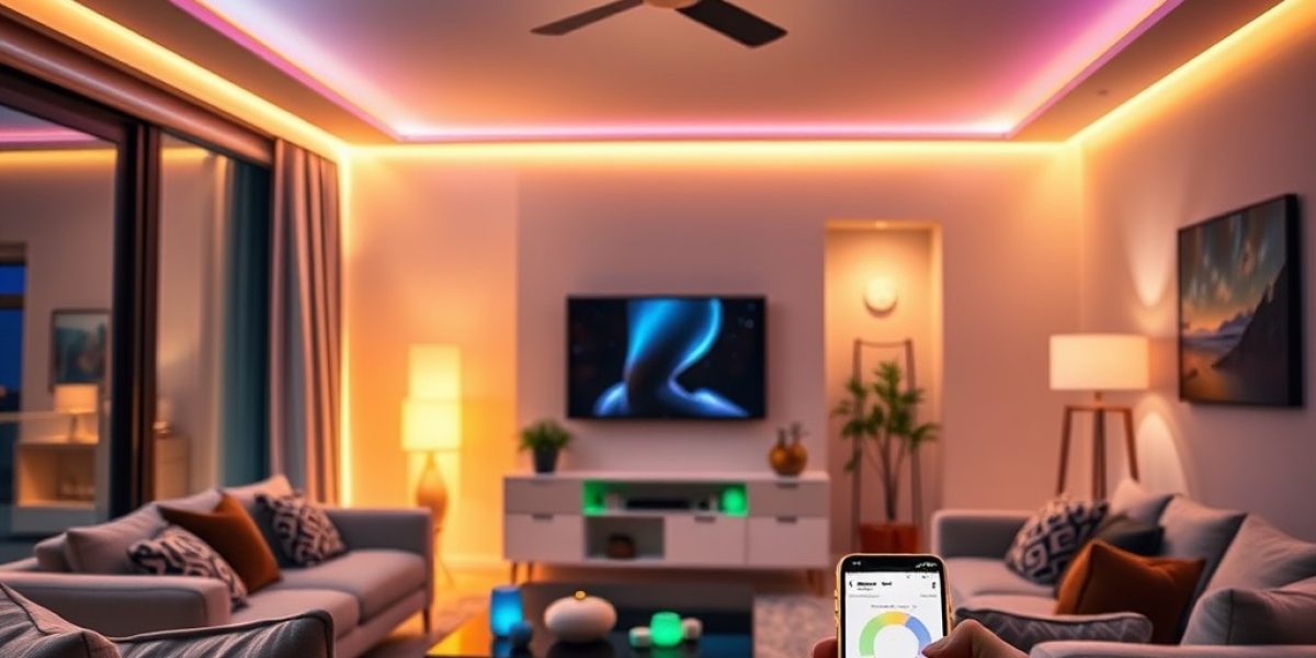 A modern living room with colorful LED lighting from one of the best smart ambient lighting kits 2025, a ceiling fan, and a wall-mounted TV. A person uses a smartphone app to control the lights. The space features sofas, lamps, and decorative art.
