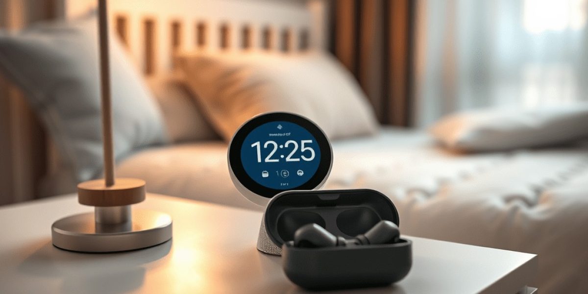 A smart clock displaying 12:25 and a charging case with wireless earbuds sit on a white bedside table next to a lamp—perfect additions for the Best Tech Gifts for New Dads, with a neatly made bed in the background.