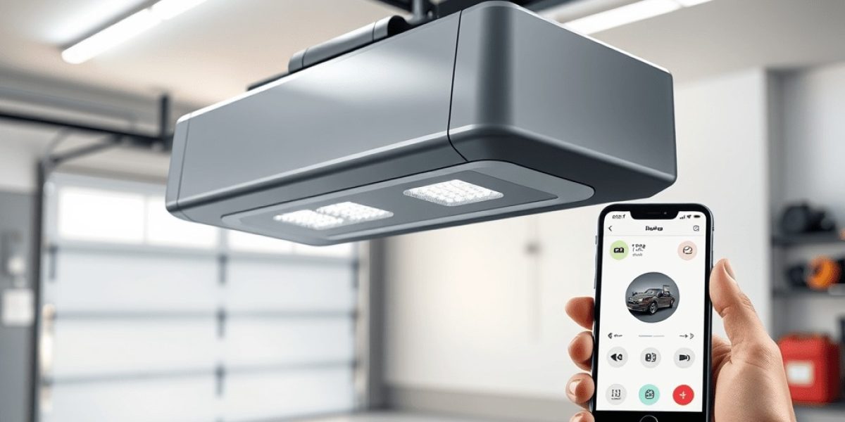 A hand holds a smartphone displaying a garage door app, seamlessly controlling one of the latest smart garage door openers 2025 mounted on the ceiling in a clean, well-lit garage.