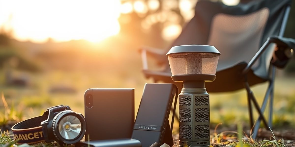 Camping gear on the ground includes a headlamp, two smartphones, camping tech gadgets 2025 like a portable power bank, and a lantern, with a folding chair and sunlight in the background.
