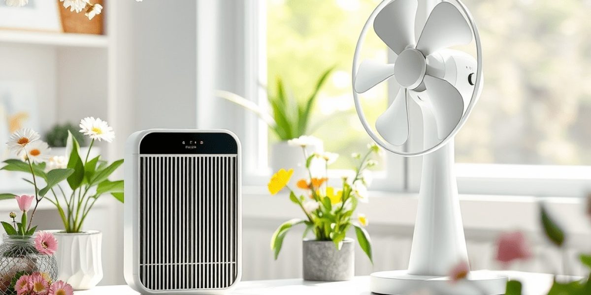 A white fan and a modern smart air purifier 2025 sit on a bright desk, surrounded by vases of colorful flowers, with sunlight streaming through a nearby window.