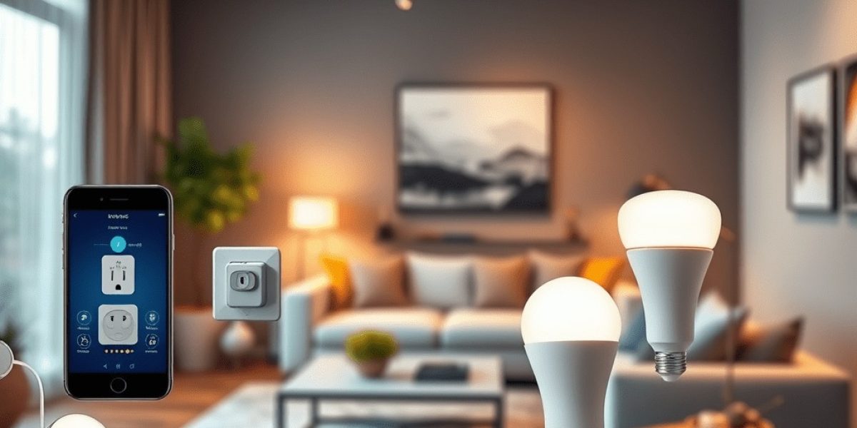 A hand holds a smartphone with a smart home without a hub 2025 app open, surrounded by floating smart plugs and light bulbs, in a modern living room bathed in warm lighting and featuring contemporary decor.
