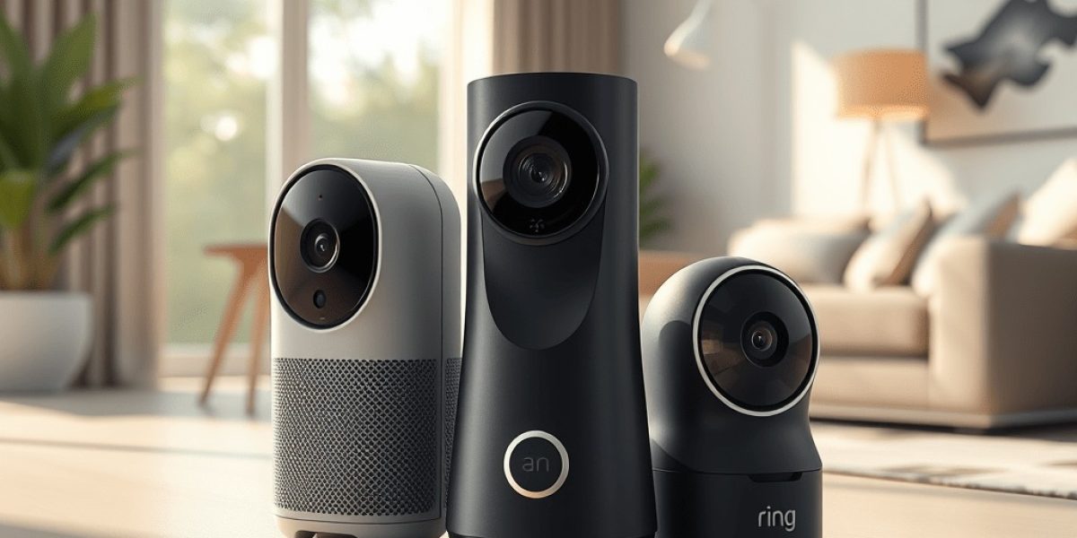 Three different AI-powered home security devices 2025 are displayed on a table in a bright, modern living room with large windows, a sofa, and wall art in the background.