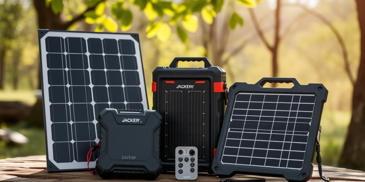 A variety of portable solar panels and power stations, featuring the best solar gadgets for off-grid camping 2025, are arranged on a wooden table outdoors, with sunlight filtering through green trees in the background.