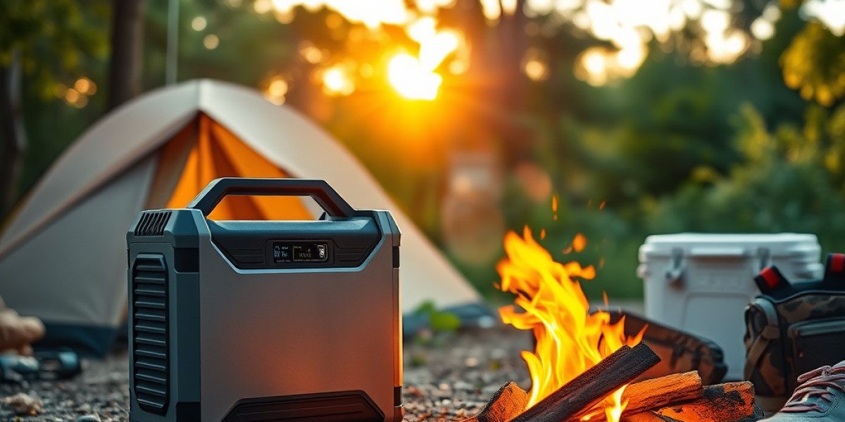 A portable power station, considered the best portable power station for camping, sits near a campfire at a forest campsite, with a tent and cooler in the background as the sun sets through the trees.