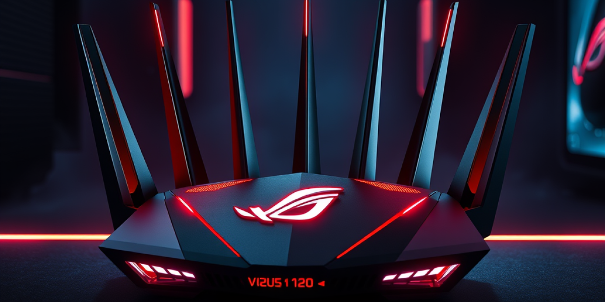 A futuristic black gaming router with multiple antennas and glowing red LED lights, featuring a prominent logo on top, sits on a reflective surface in a dark room with neon red accents.